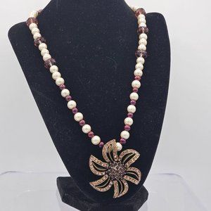 Faux Pearl Purple Amethyst Glass Crystal Beaded Necklace 20 in